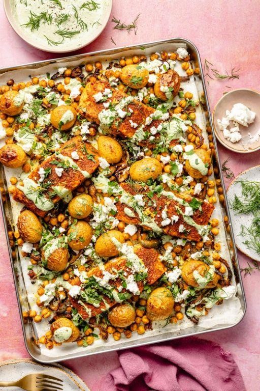 Spicy Sheet Pan Salmon with Cauliflower and Chickpeas