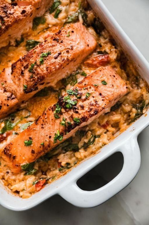 Spicy Tomato Orzo with Baked Salmon
