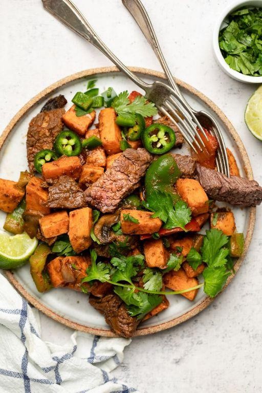 Thin Sliced Sirloin Tip Steak with Sweet Potato Hash
