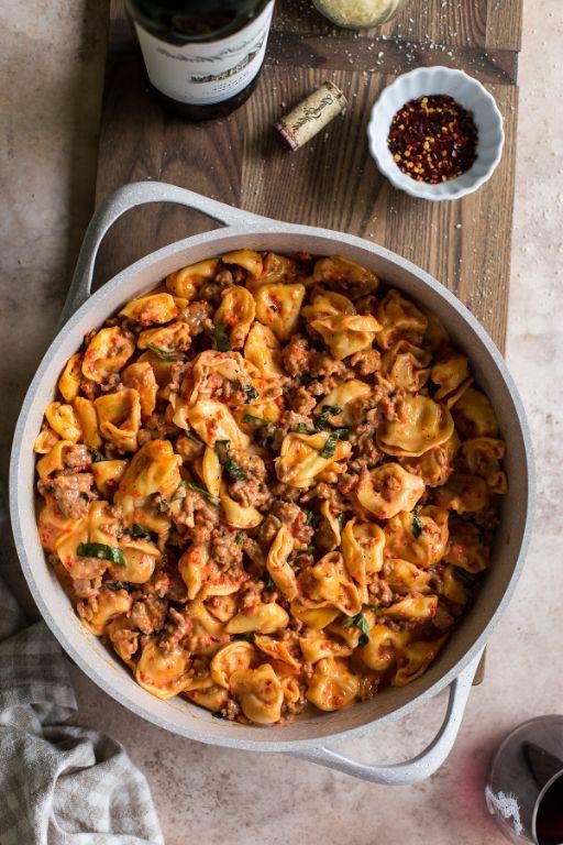 Tortellini with Ground Beef and Roasted Red Peppers