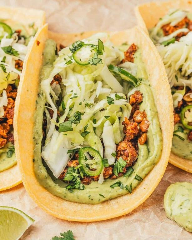 Vegan Meat Tacos with Avocado Cream