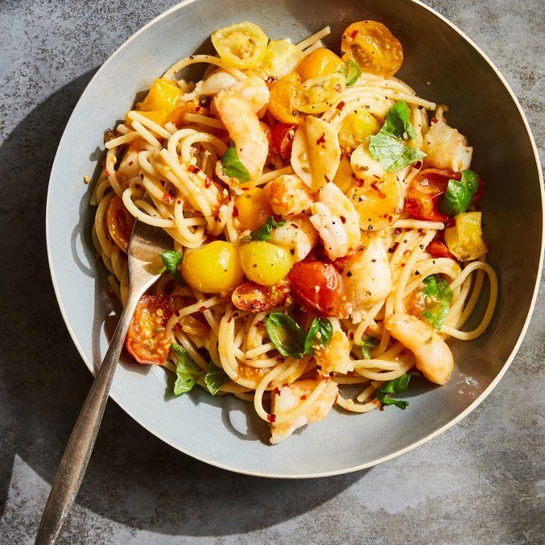Yellow Tomato and Shrimp Pasta