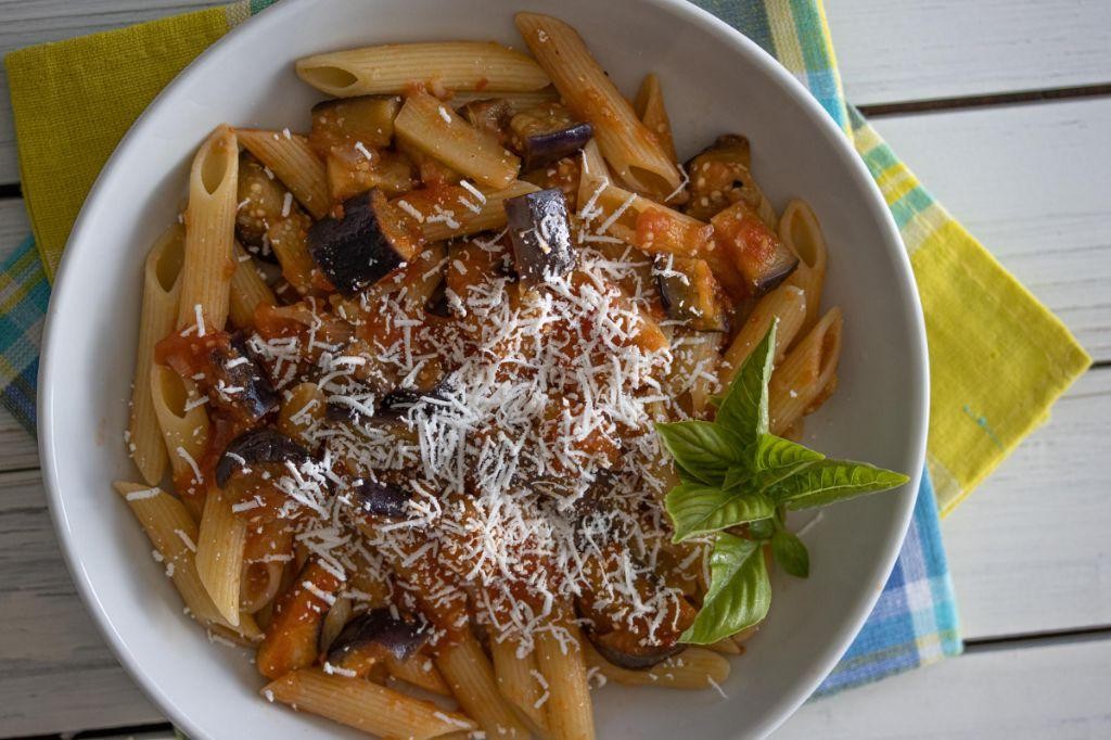 Ziti with Peas, Eggplant, and Ricotta Salata