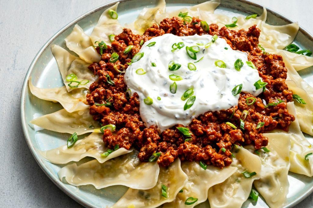 Afghan Aushak with Leek and Meat Sauce