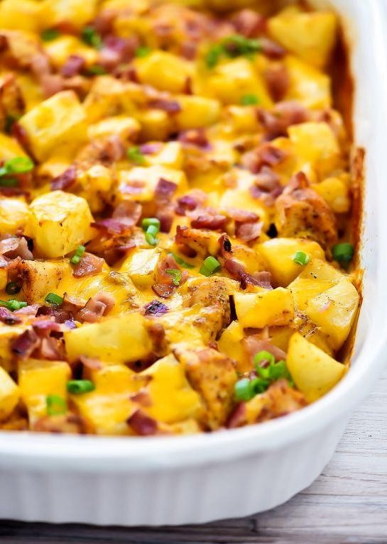 Baked Chicken Breast with Cheesy Potatoes and Onions