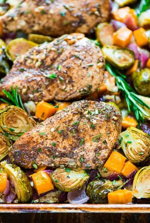 Baked Chicken with Sweet Potatoes and Brussels Sprouts