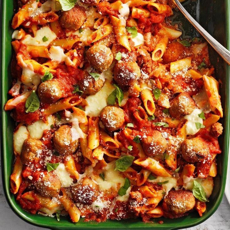 Baked Mostaccioli with Meatballs and Marinara