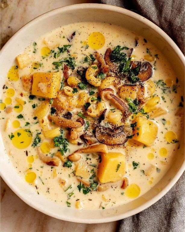 Baked Potato Soup with Mushrooms and Thyme