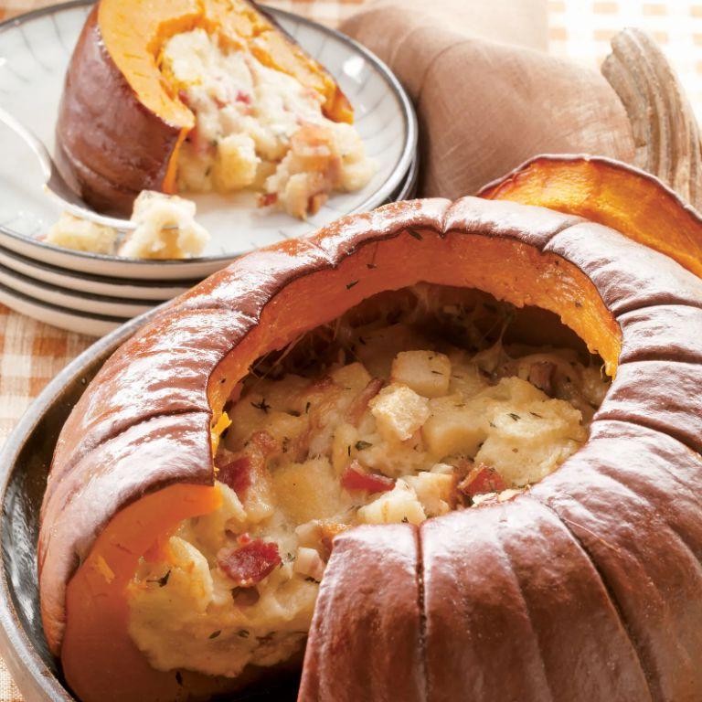 Baked Whole Pumpkin with Cheese and Bacon