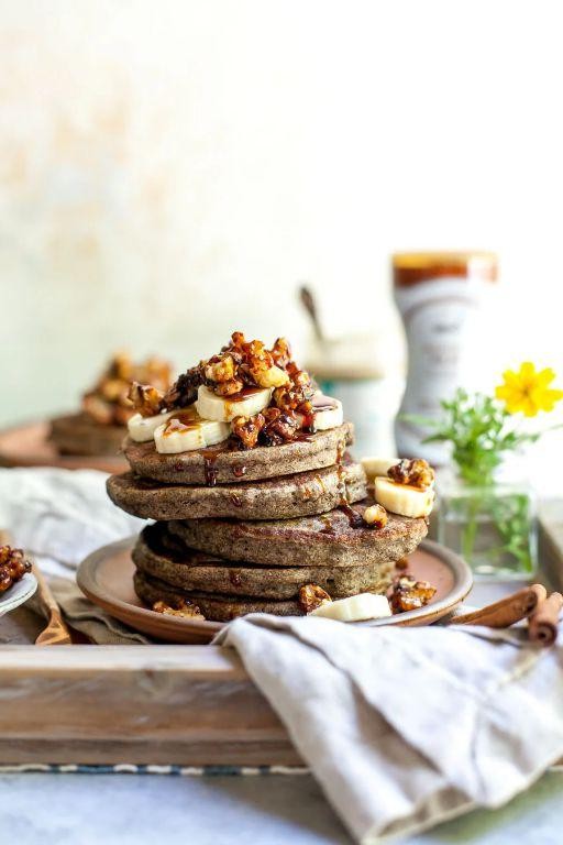 Banana Walnut Buckwheat Pancakes