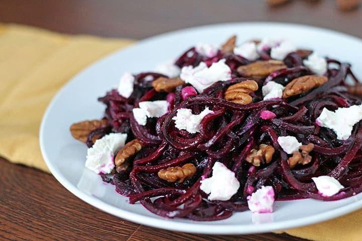 Beet Noodles with Goat Cheese and Walnuts