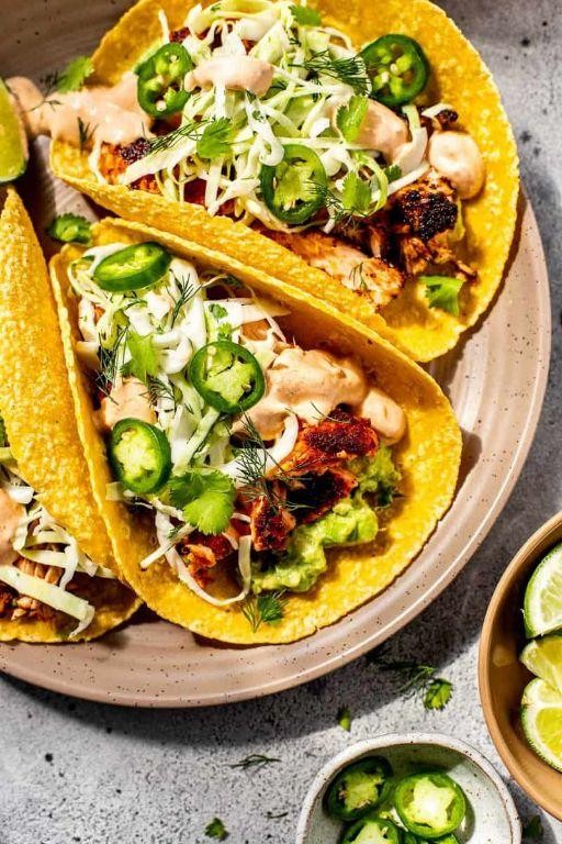 Blackened Salmon Tacos with Avocado Lime Crema