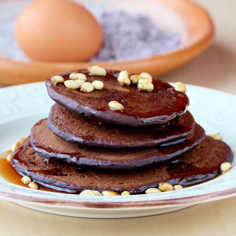 Blue Cornmeal Pancakes with Maple Syrup