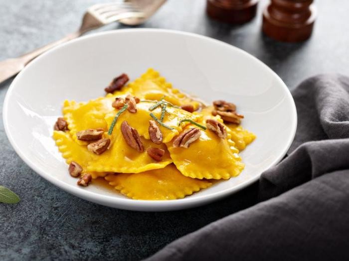 Butternut Squash Ravioli with Pecans and Maple Syrup