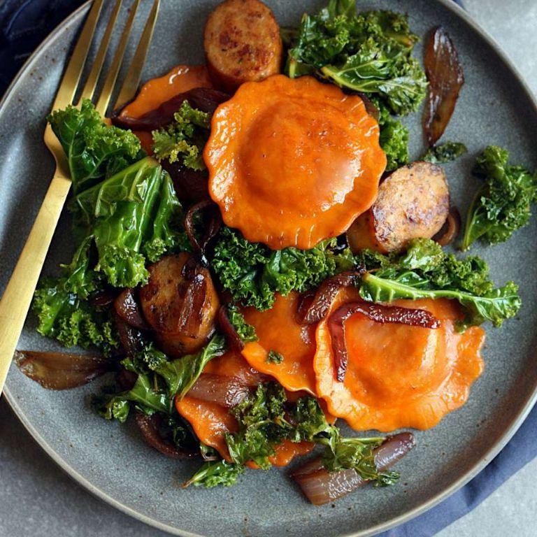 Butternut Squash Ravioli with Sausage and Kale