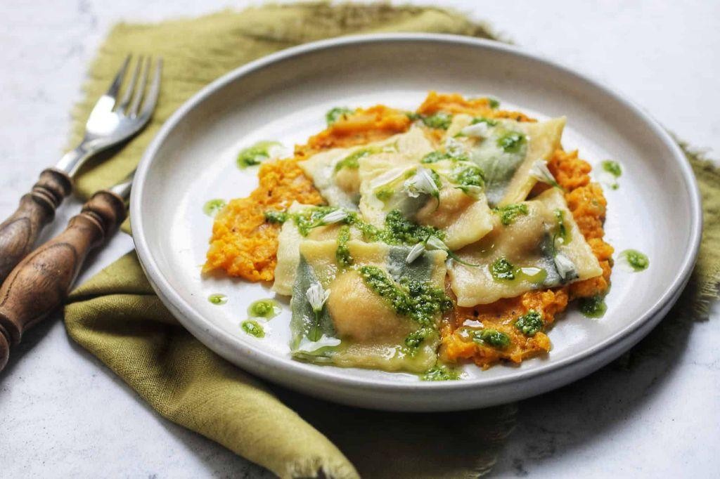Butternut Squash Ravioli with Spinach and Pine Nuts