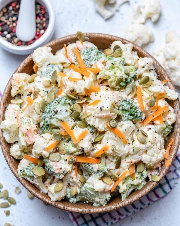 Cauliflower and Broccoli Salad with Creamy Garlic Dressing