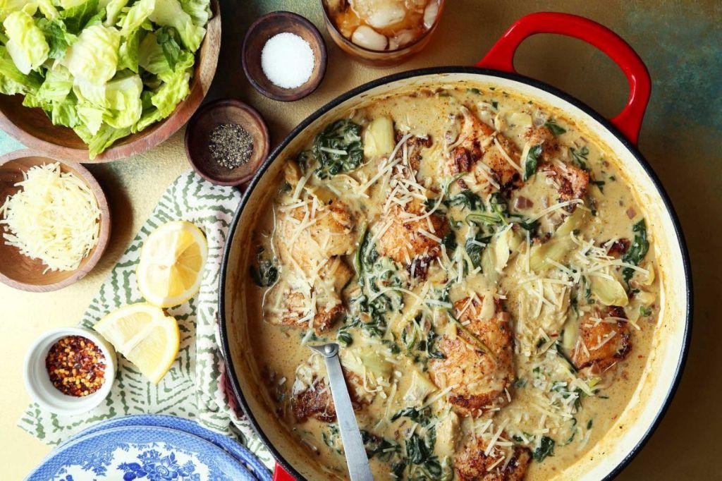 Cheesy Chicken Thighs with Spinach and Artichokes
