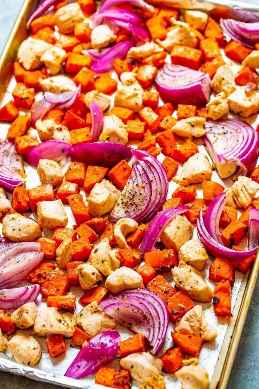 Chicken Breast with Roasted Sweet Potatoes and Red Onions