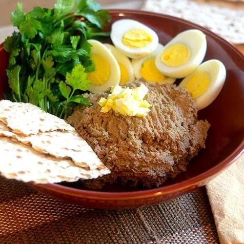 Chopped Liver with Hard-Boiled Eggs and Gherkins