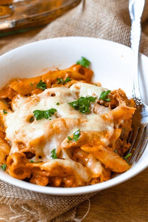 Creamy Garlic Parmesan Baked Mostaccioli