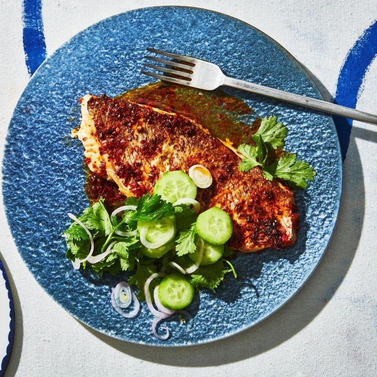 Fried Red Snapper with Cucumber Dill Sauce