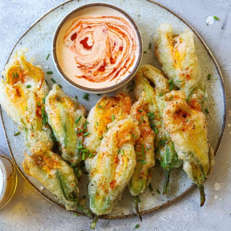 Fried Squash Blossoms with Spicy Aioli