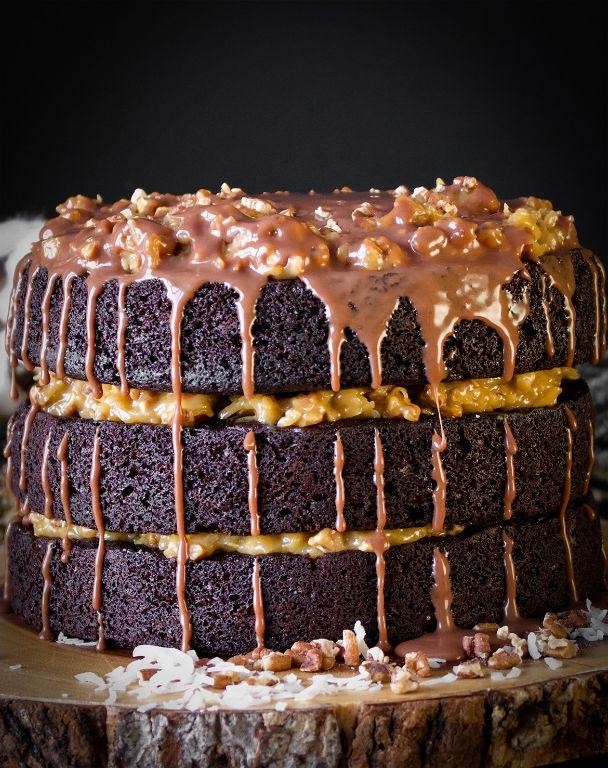 German Chocolate Cake with Caramel Drizzle