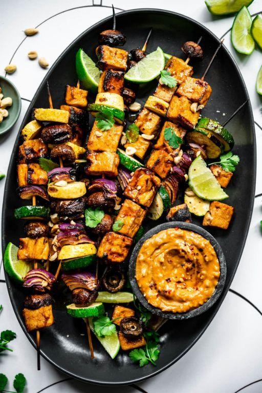 Grilled Smoked Tofu Skewers with Peanut Sauce