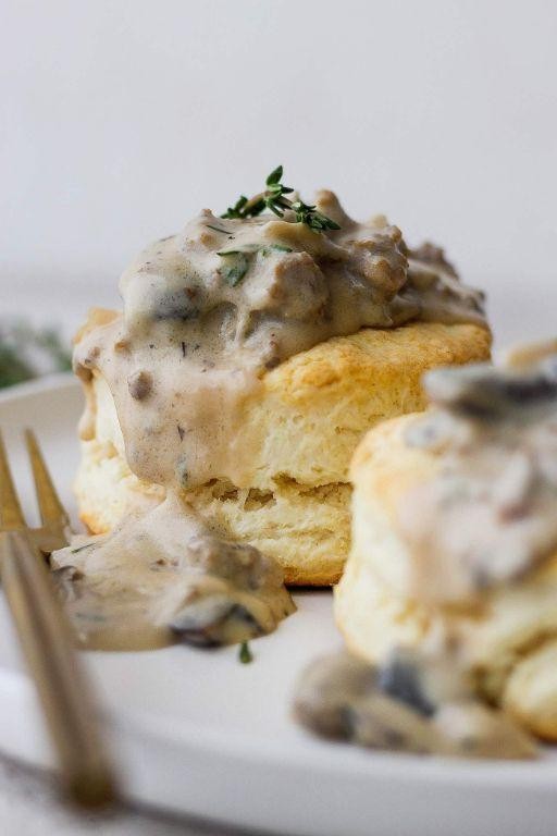 Ground Chicken Sausage and Mushroom Gravy over Biscuits