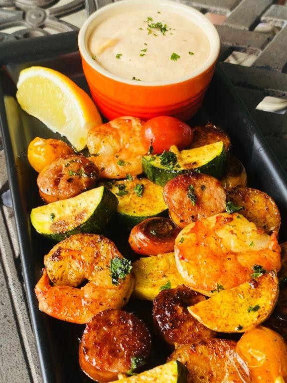 Healthy Blackstone Shrimp and Veggie Skewers