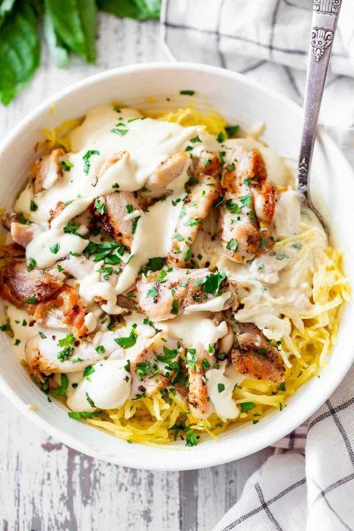 Keto Chicken Thighs Alfredo with Spaghetti Squash