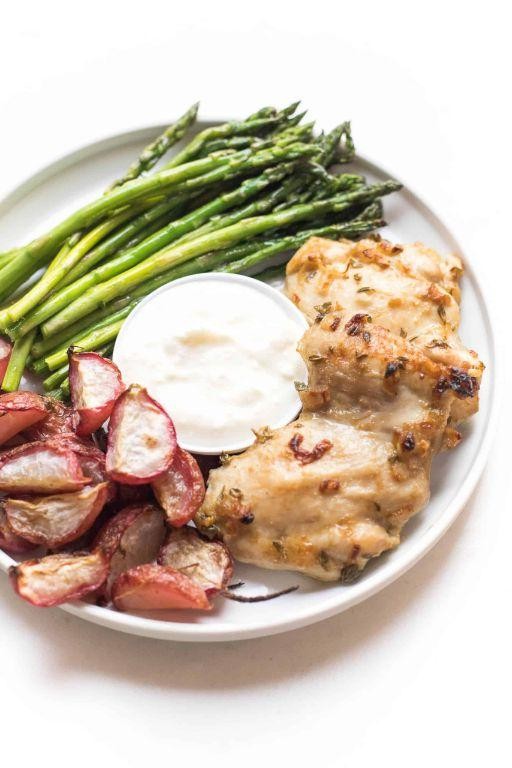 Keto Chicken Thighs with Roasted Radishes and Asparagus