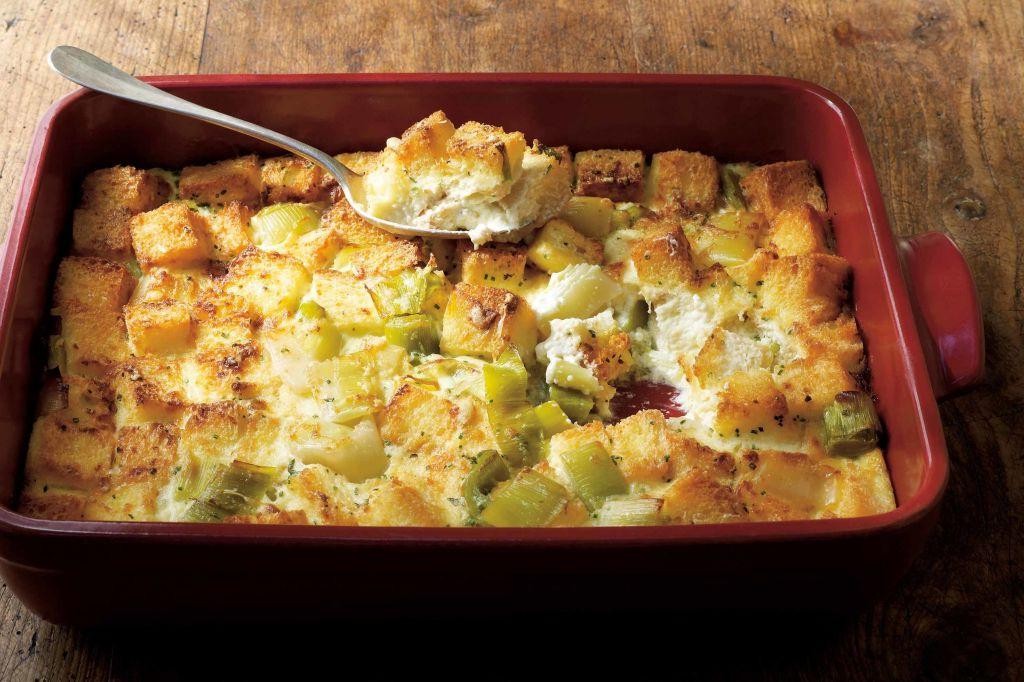 Leek and Swiss Cheese Savory Bread Pudding