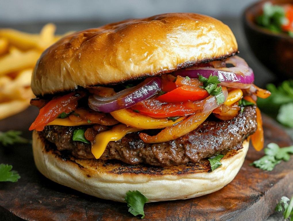 Lomo Saltado Burger with Sweet Potato Fries