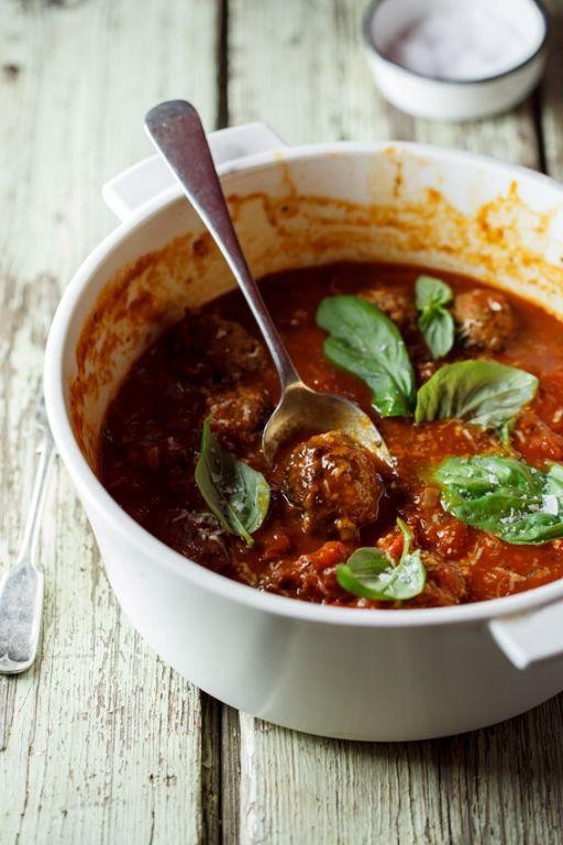 Lomo Saltado Meatballs in a Rich Tomato Sauce
