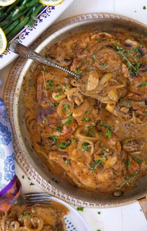 Mushroom and Onion Smothered Thick Cut Pork Chops