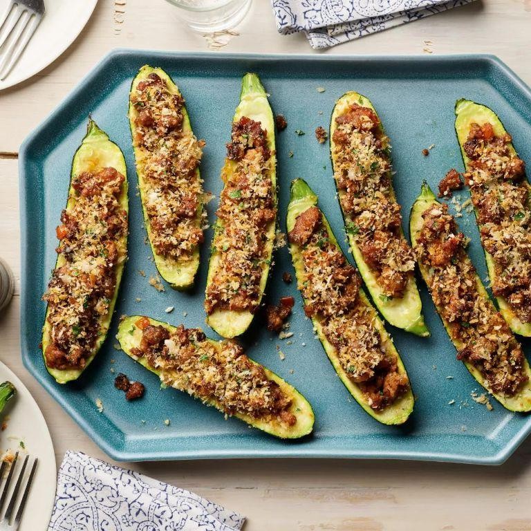 Olive and Sausage Stuffed Zucchini