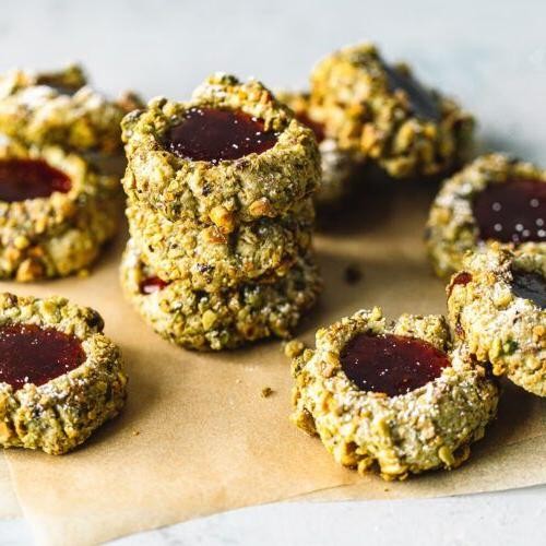 Pistachio Thumbprint Cookies with Raspberry Jam