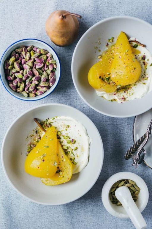 Poached Pears with Saffron and Pistachios