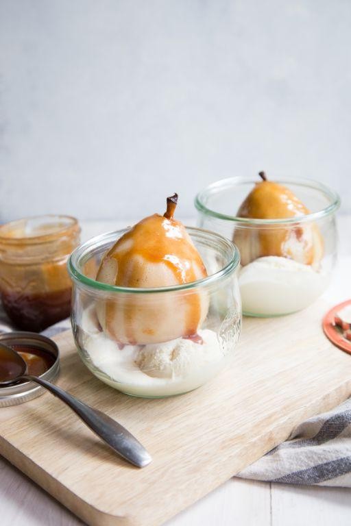 Poached Pears with Vanilla Bean Ice Cream
