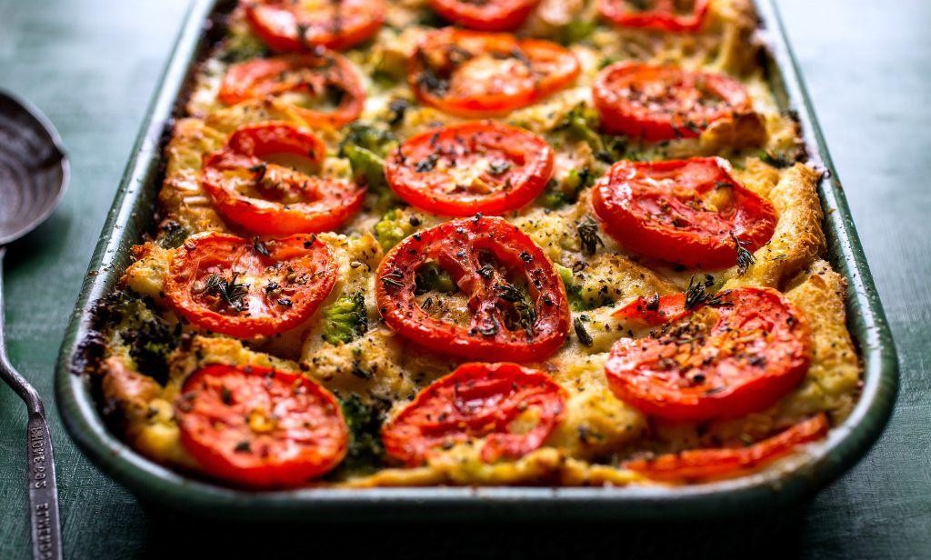 Roasted Red Pepper and Goat Cheese Savory Bread Pudding