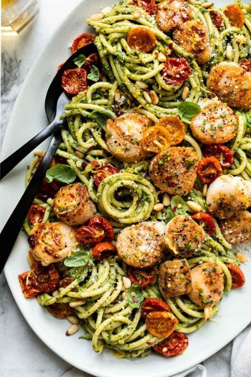 Scallop and Shrimp Fettuccine with Pesto