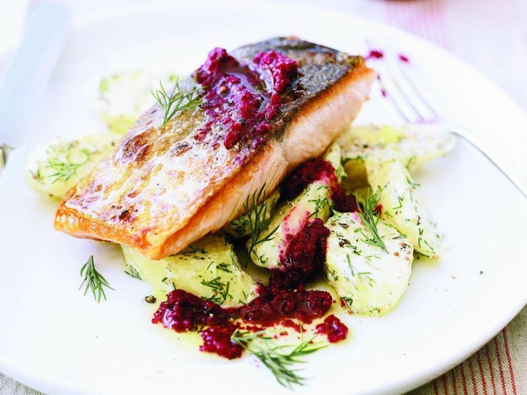 Sea Trout with Roasted Beetroot and Horseradish Cream