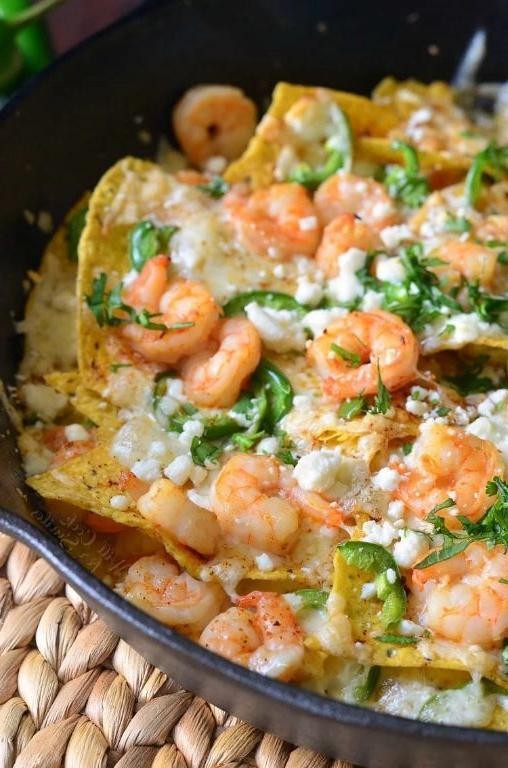 Shrimp Francais Nachos with Cheese and Jalapenos