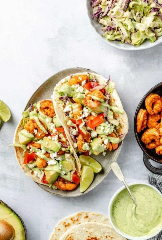 Shrimp Francais Tacos with Avocado Lime Sauce
