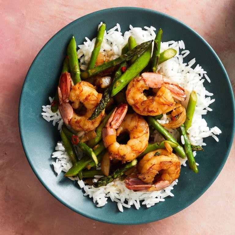 Shrimp Francais and Asparagus Stir Fry