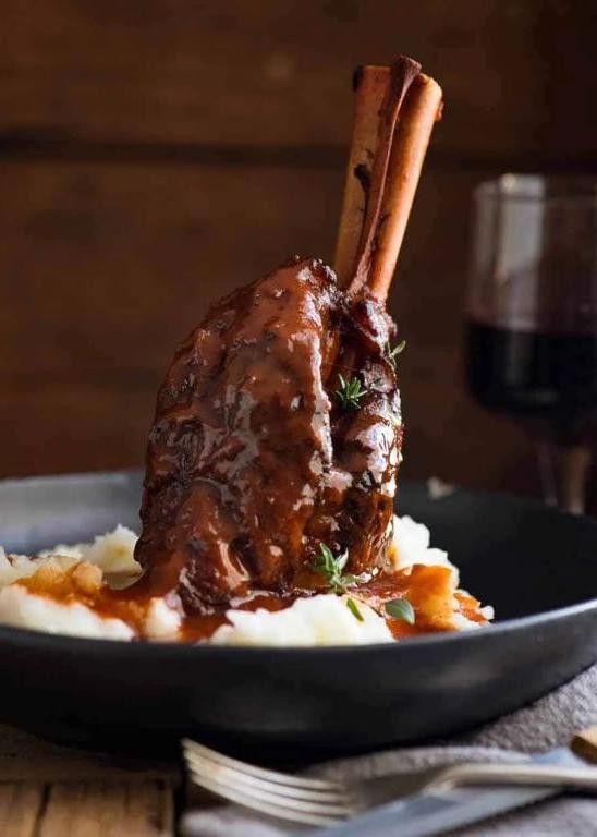 Slow Cooked Llama Shank in Red Wine Sauce
