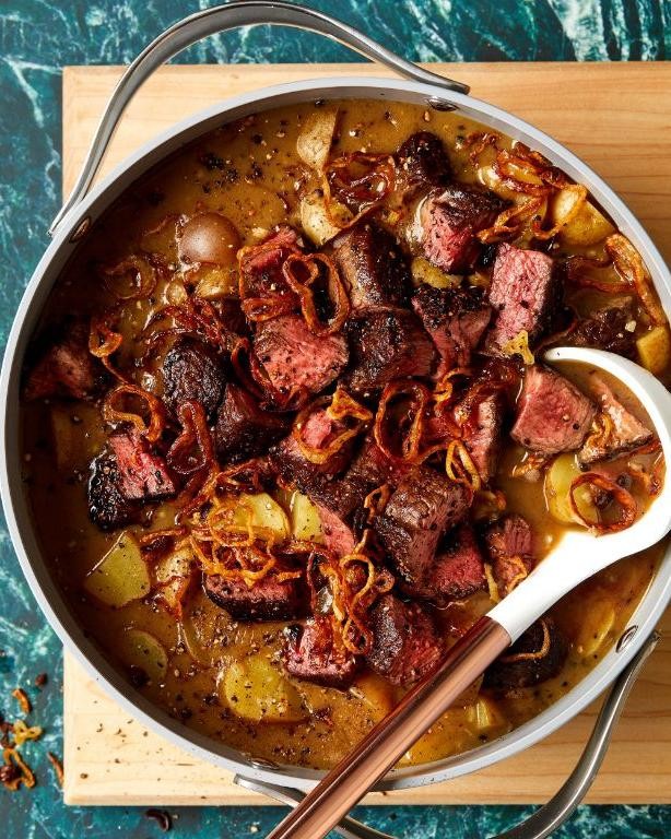 Slow-Cooked Steak Au Poivre with Onions