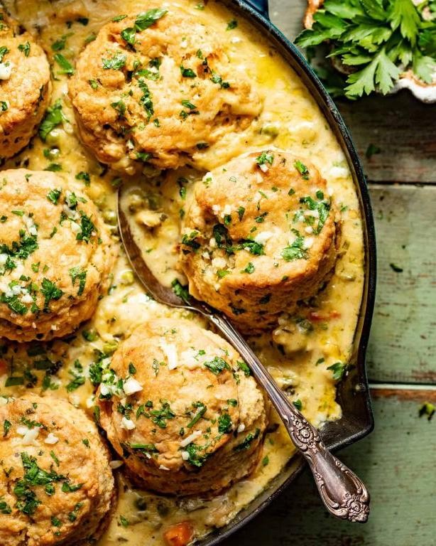 Spicy Chicken Pot Pie with Cheddar Biscuits